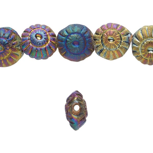 Bead, pressed clay, rainbow, 11x6mm-12x7mm handmade side-drilled textured rondelle. Sold per 16-inch strand, approximately 35 beads. image number 0