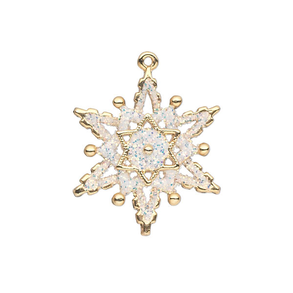 Charm, gold-finished "pewter" (zinc-based alloy) and enamel, white, 23x22mm single-sided snowflake with glitter. Sold individually. image number 0