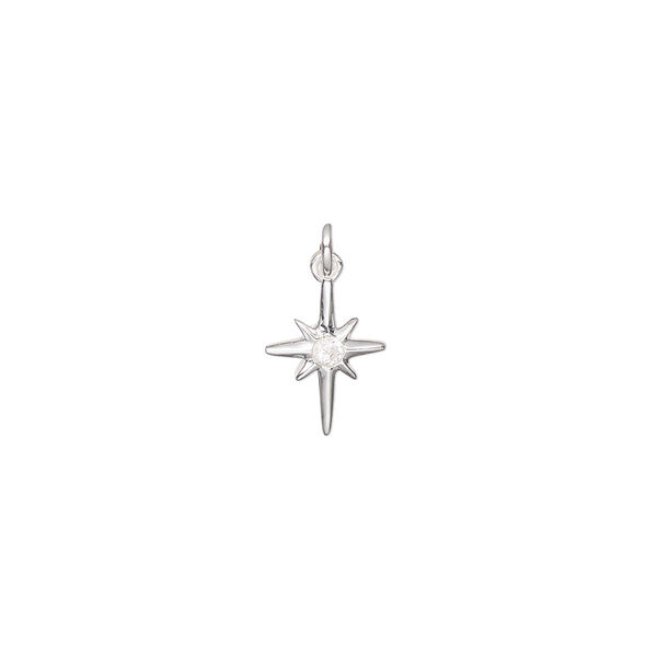 Drop, sterling silver and cubic zirconia, pkg/1, clear, 12x8mm single-sided cross. image number 0