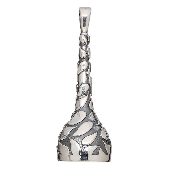 Pendant, antiqued sterling silver, 39.5x14mm cup with leaf design and 12mm round glue-in setting. Sold individually. image number 0