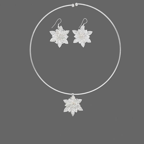 Necklace and earring set, acrylic and silver-plated steel, clear, 32x30mm flower, 16-1/2 inches, 1-1/2 inch earrings with fishhook earwires. Sold per set. image number 0