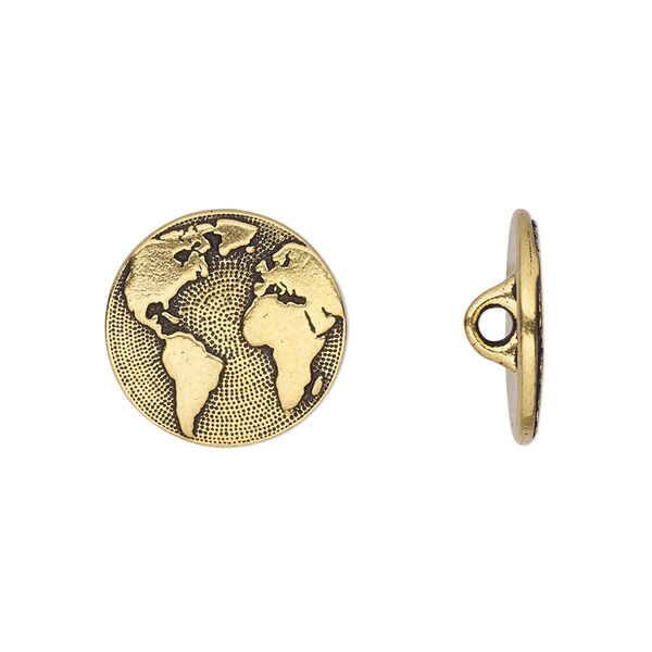 Button, TierraCast®, antique gold-plated pewter (tin-based alloy), 16mm flat round with Earth and closed loop. Sold per pkg of 2. image number 0