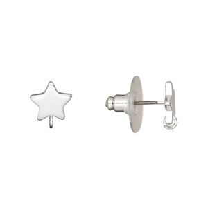 Earstud 1pkg4 silver-plated, 9mm star / closed loop / comfort clutch earnuts, stainless steel / steel 2 pair
