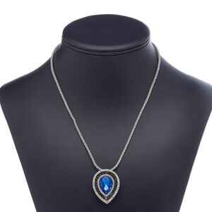 Necklace, glass rhinestone / glass / imitation rhodium-plated brass / steel / "pewter" (zinc-based alloy), sapphire blue and clear, 35x27mm teardrop, 18 inches with 3-inch extender chain and lobster claw clasp. Sold individually.