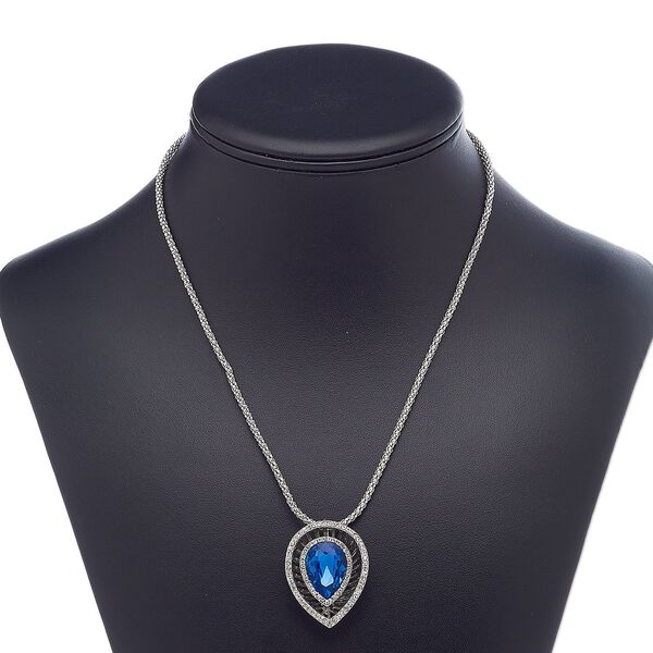 Necklace, glass rhinestone / glass / imitation rhodium-plated brass / steel / "pewter" (zinc-based alloy), sapphire blue and clear, 35x27mm teardrop, 18 inches with 3-inch extender chain and lobster claw clasp. Sold individually. image number 0