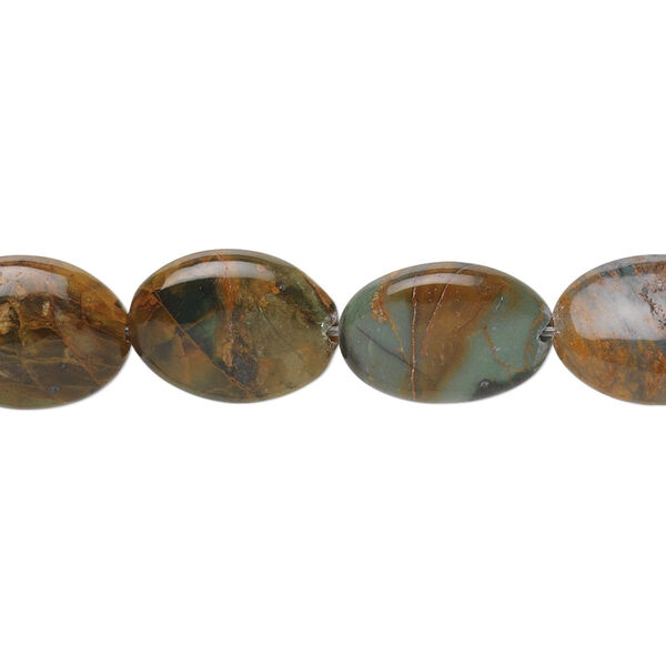 Bead, green "opal" (chalcedony) (natural), 14x10mm flat oval, B grade, Mohs hardness 5 to 6-1/2. Sold per 15-1/2" to 16" strand. image number 0