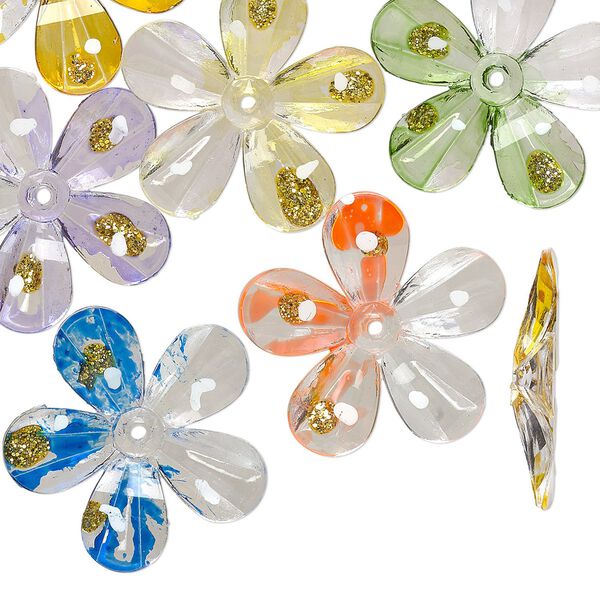 Bead, acrylic, assorted colors with gold-colored glitter, 30x30mm flower with painted design. Sold per pkg of 24. image number 0