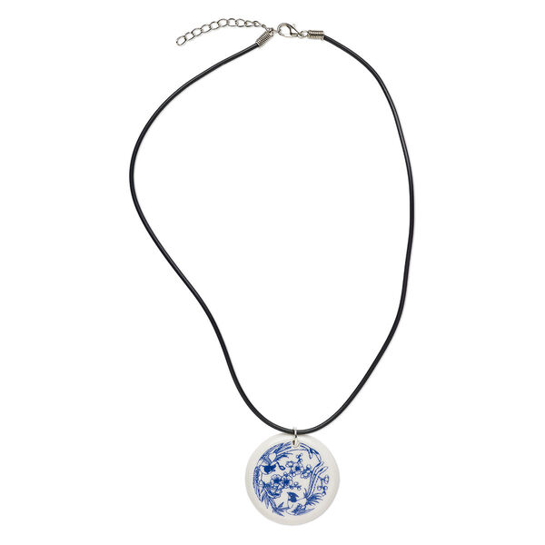 Necklace, porcelain / rubber / silver-plated steel, black / blue / white, 40mm flat round with bird and flower design, 17 inches with 1-1/2 inch extender chain and lobster claw clasp. Sold individually. image number 0