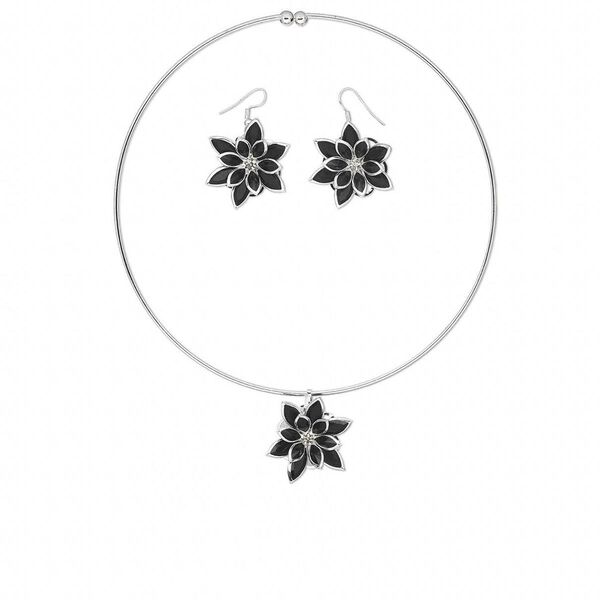 Necklace and earring set, acrylic and silver-finished steel, black, 32x30mm flower, 16-1/2 inches, 1-1/2 inch earrings with fishhook ear wire. Sold per set. image number 0