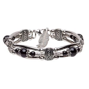 Bracelet, 3-strand, glass / silver- / antique silver-plated steel / "pewter" (zinc-based alloy), black, 11mm wide with 24x8mm feather dangle, 7 inches with 1-1/2 inch extender chain and lobster claw clasp. Sold individually.