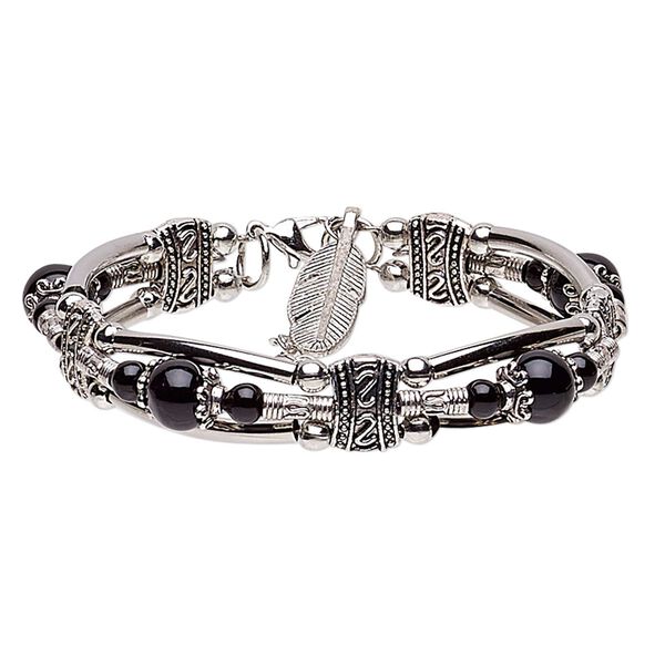 Bracelet, 3-strand, glass / silver- / antique silver-plated steel / "pewter" (zinc-based alloy), black, 11mm wide with 24x8mm feather dangle, 7 inches with 1-1/2 inch extender chain and lobster claw clasp. Sold individually. image number 0