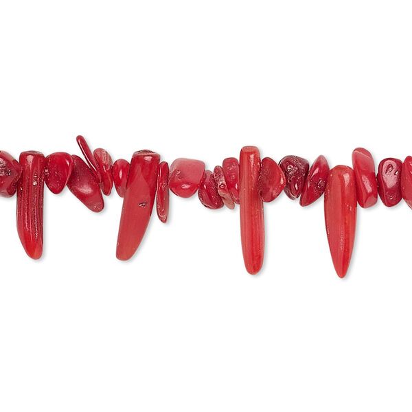 Bead, bamboo coral (dyed), red, small chip and 10x2mm-16x4mm graduated top-drilled talon, C grade, Mohs hardness 3-1/2 to 4. Sold per 15-inch strand. image number 0