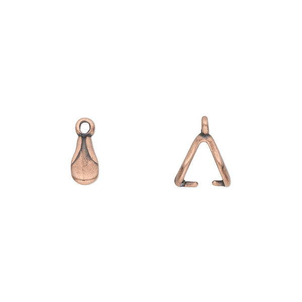Bail, JBB Findings, ice-pick, antique copper-plated pewter (tin-based alloy), 8x4mm double-sided teardrop with fancy design and 6mm grip length. Sold per pkg of 4. image number 0