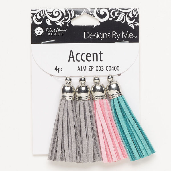 Tassel assortment, silver-finished copper and faux suede, assorted pastels, 2 inches. Sold per pkg of 4. image number 0