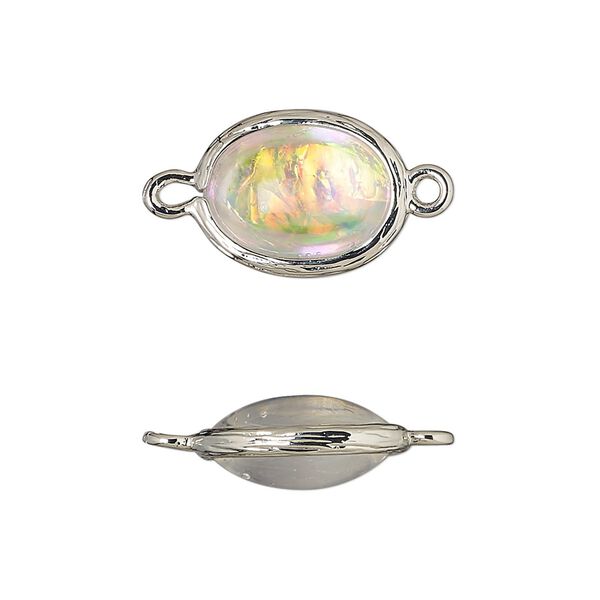 Link, Opalized Ice™, "opal" (resin) and imitation rhodium-finished brass, opaque white, 16x12mm double-sided oval .Sold per pkg of 4. image number 0