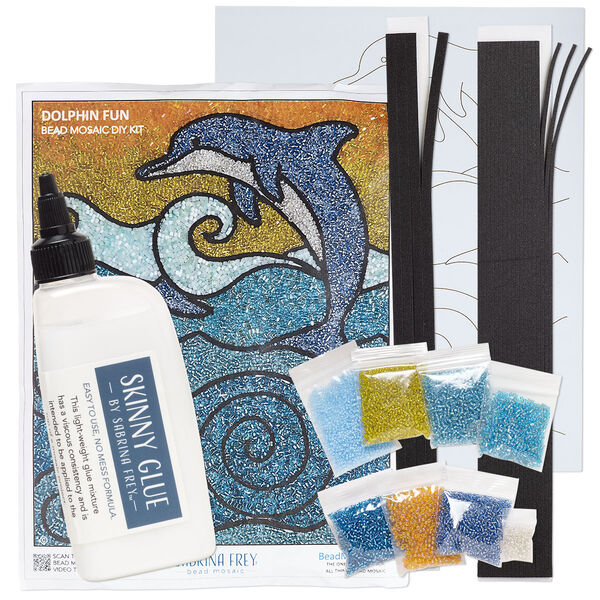 Sabrina Frey Bead Mosaic™ Starter Kit, glass / medium-density fiberboard / glue, pkg/1, multicolored, 8x10 inches with "Dolphins" design. image number 1