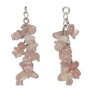 Rose quartz / carbon steel 1pkg2, silver-finished cluster 48x14mm / 5mm open jump ring