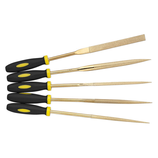 File, diamond- / titanium-coated steel / rubber, black and yellow, 7 inches. Sold per 5-piece set. image number 0