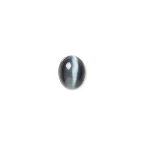 Cabochon, cat's eye glass (fiber optic glass), black, 10x8mm calibrated oval, quality grade. Sold per pkg of 10.
