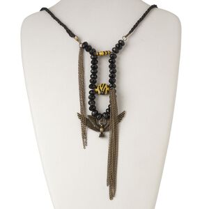 Necklace, antiqued brass / nylon / steel, black and yellow, 66x34mm single-sided eagle, 30-inch continuous loop. Sold individually.