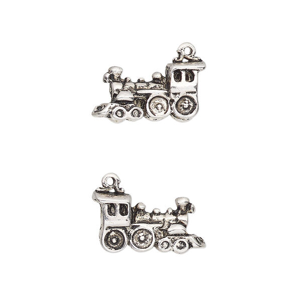 Charm, antique silver-finished "pewter" (zinc-based alloy), 18x15mm 3D train. Sold per pkg of 4. image number 0