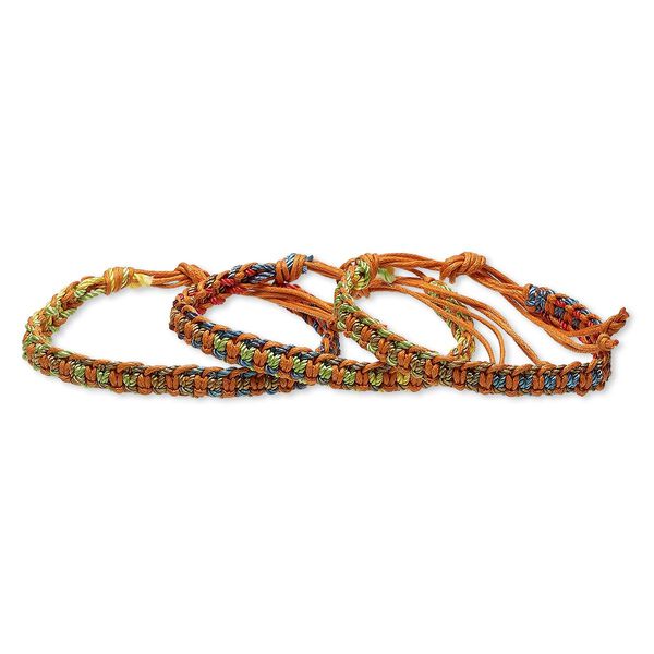 Bracelet mix, waxed cotton, multicolored, 8mm wide macramé style, adjustable from 6-1/2 to 9 inches with tie closure. Sold per pkg of 3. image number 0