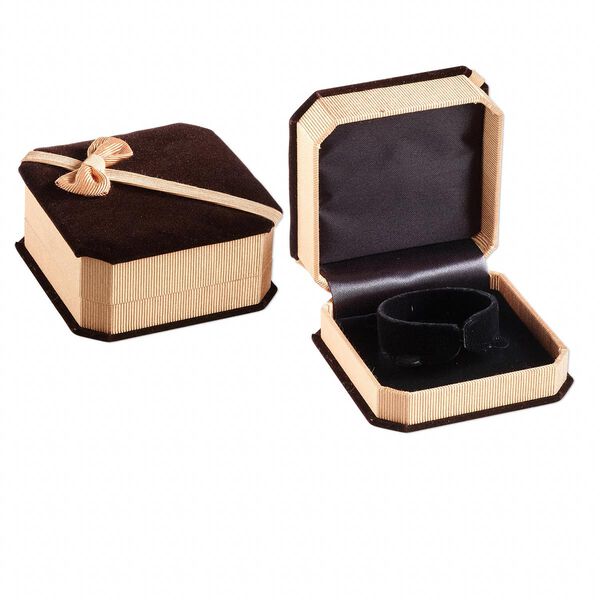 Box, bracelet, velveteen and satin, brown / gold / black, 3-3/4 x 3-3/4 x 1-3/4 inch square with ribbed ribbon. Sold individually. image number 0