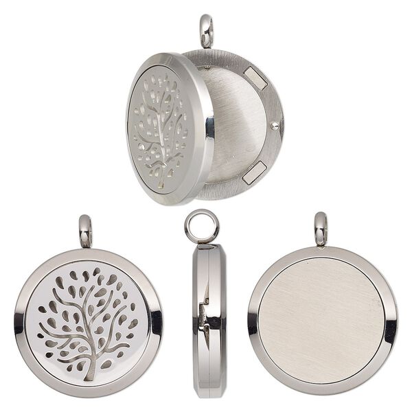 Pendant, stainless steel, 37x30mm single-sided hinged round locket with cutout tree design and magnetic closure. Sold individually. image number 0