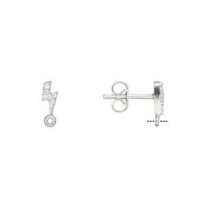 Earstud 1pkg2 rhodium-plated sterling silver / cubic zirconia, 7x3mm lightning bolt / closed loop / earnuts, clear 1 pair