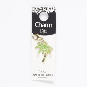 Charm, acrylic pearl / enamel / gold-finished "pewter" (zinc-based alloy) / steel, green and white, 22x20mm palm tree with lobster claw clasp. Sold individually.