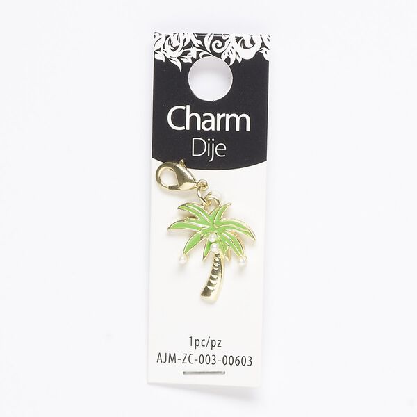 Charm, acrylic pearl / enamel / gold-finished "pewter" (zinc-based alloy) / steel, green and white, 22x20mm palm tree with lobster claw clasp. Sold individually. image number 0