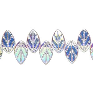 Bead, glass, translucent clear AB, 11x6.5mm top-drilled leaf. Sold per 15-1/2" to 16" strand.