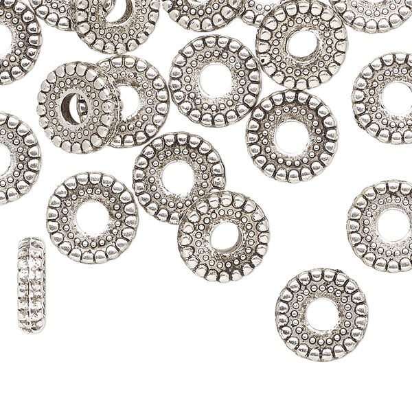 Bead, antiqued silver-finished copper-coated plastic, 10x3mm beaded rondelle. Sold per pkg of 125. image number 0