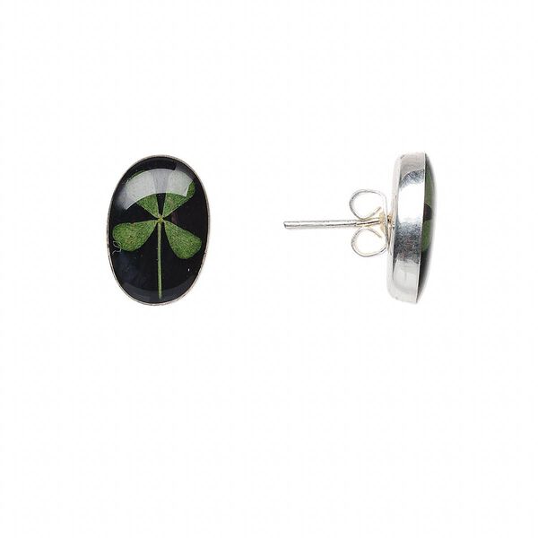 Earring, resin / four-leaf clover / sterling silver, green and black, 14x10mm oval. Sold per pair. image number 0