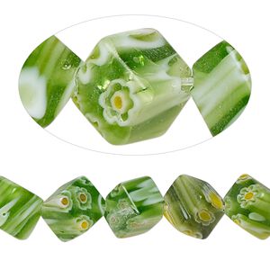 Bead, millefiori glass, translucent green / yellow / white, 9mm-10x9mm diagonally-drilled cube with 0.6-0.8mm hole. Sold per 15-inch strand.