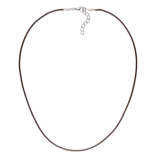Necklace cord, waxed cotton cord with imitation rhodium-finished steel and "pewter" (zinc-based alloy), brown, 1.5mm round, 18 inches with 1-1/2 inch extender chain and lobster claw clasp. Sold per pkg of 4. image number 0