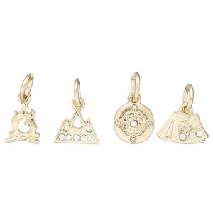Charm assortment, gold-finished "pewter" (zinc-based alloy) and glass rhinestone, clear, 8-11x7mm multi-shape, camping theme. Sold per 4-piece set.