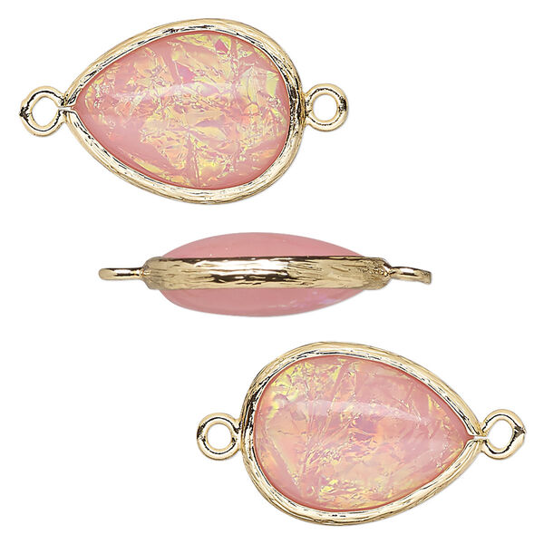Link, Opalized Ice™, "opal" (resin) and gold-finished brass, light pink, 19.5x15mm double-sided teardrop. Sold per pkg of 4. image number 0
