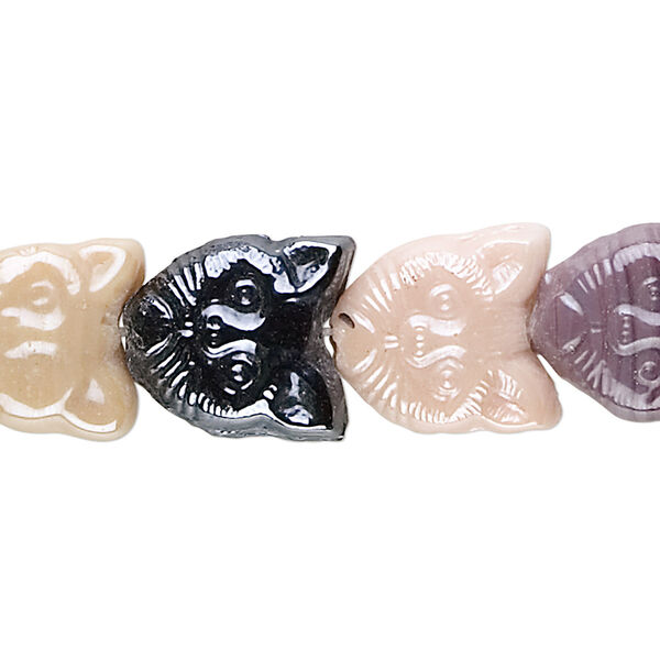 Bead, pressed glass, multicolored luster, 13.5mm double-sided cat face. Sold per 15-1/2" to 16" strand, approximately 30 beads. image number 0