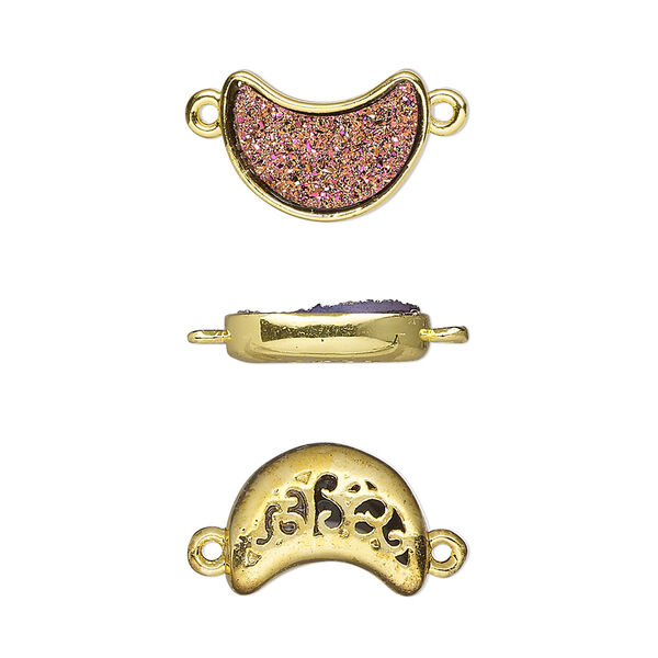 Link, Druzylite™, "druzy" (resin) and gold-finished brass, metallic purple, 14x10mm two-sided moon with open filigree back. Sold per pkg of 4. image number 0