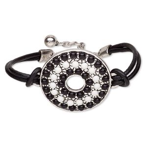 Bracelet, 2-strand, leather (dyed) / resin / antique silver-plated steel / "pewter" (zinc-based alloy), black and white, 43mm round donut, 6-1/2 inches with 2-inch extender chain and lobster claw clasp. Sold individually.