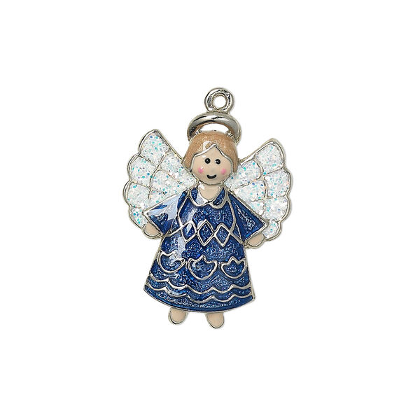 Charm, silver-plated "pewter" (zinc-based alloy) with enamel and glitter, multicolored, 23x18mm single-sided angel. Sold individually. image number 0