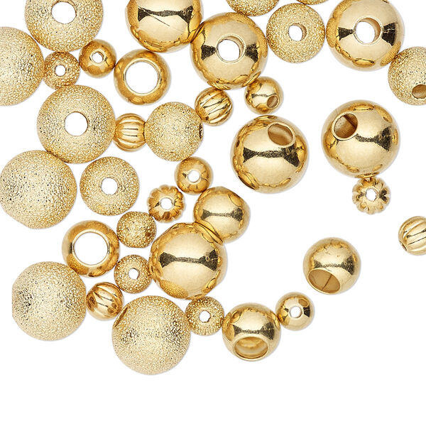 Bead, gold-plated brass, 4-8mm assorted round. Sold per pkg of 50. image number 0