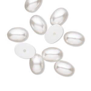 Cabochon, vintage Japanese acrylic pearl, white, 9x6mm half-drilled non-calibrated oval. Sold per pkg of 10.