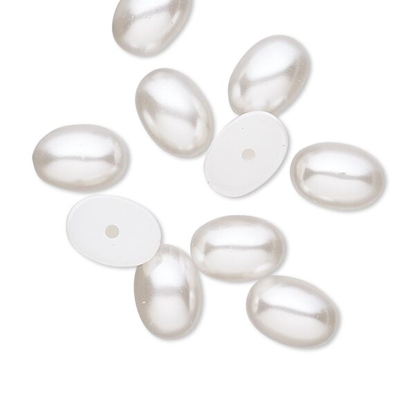 Cabochon, vintage Japanese acrylic pearl, white, 9x6mm half-drilled non-calibrated oval. Sold per pkg of 10. image number 0