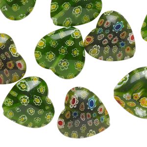 Bead, millefiori glass 1pkg10, translucent green and multicolored, 21-23mm puffed heart with flower design.