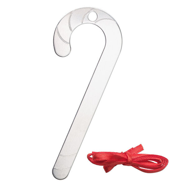 Ornament, ImpressArt®, aluminum and polyester, 3-5/8 x 1-1/2 inch candy cane with ribbon. Sold per pkg of 3. image number 0