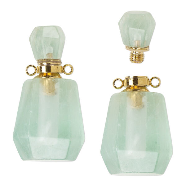 Component, green fluorite (natural) and gold-finished brass, 37x20mm hand-cut perfume bottle with 2 loops, Mohs hardness 4. Sold individually. image number 0