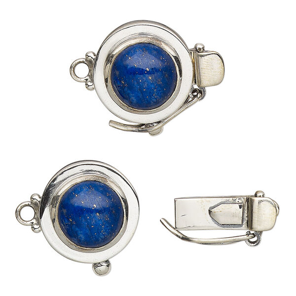 Clasp, tab with safety, lapis lazuli (natural) and sterling silver, 15mm round with 10mm round. Sold individually. image number 0