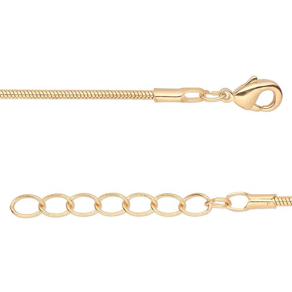 Chain, gold-finished brass, 1.5mm snake, 16 inches with 1-inch extender chain and lobster claw clasp. Sold per pkg of 4. image number 0